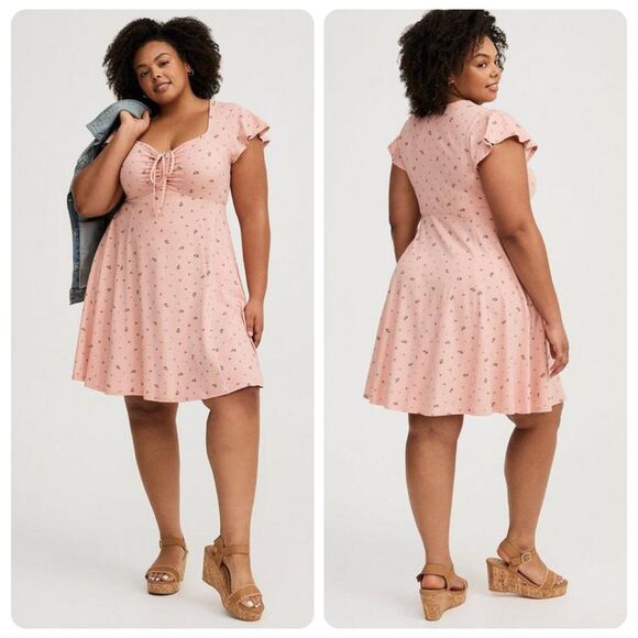 Torrid Pink Floral Mini Bow Front Dress Fit & Flare 1X - Picture 1 of 9